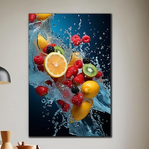 Fruit Splash Tempered Glass, Fruit Decor, Kitchen Wall Art, Glass Printing, Dining Room Decor, Vivid Colors, Wall Hangings, Interior Design