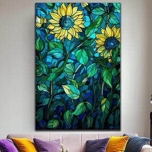 Decoración de vidrio con temática de girasoles de Vitray, arte mural de vidrio con girasoles, arte natural en vidrio templado, decoración de pared de vidrio, tapices, arte de vidrio personalizado