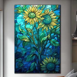 Decoración de vidrio con temática de girasoles de Vitray, arte mural de vidrio con girasoles, arte natural en vidrio templado, arte mural grande, tapices, impresión de vitrales