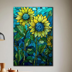 Decoración de vidrio con temática de girasol de Vitray, arte mural de vidrio con girasoles, arte natural en vidrio templado, arte mural grande, tapices, arte de vidrio personalizado