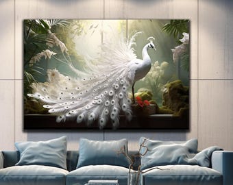 すぐに掛けられる強化ガラス製ウォールアート。白い馬の絵。クリスタル