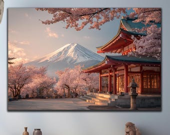 Mount Fuji Tempered Glass Wall Art: Cherry Blossom Japanese Decor