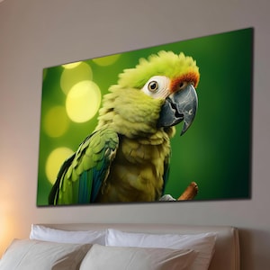 Grüner Papagei Wandkunst, Atemberaubender grüner Papagei, Tropische Vogel Kunst, Exotische Vogel Kunst, Extra Große Wandkunst, Gehärtete Glas Wandkunst, Wohnkultur