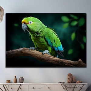 Grüner Papagei Wandkunst, Atemberaubender grüner Papagei, Tropische Vogel Kunst, Exotische Vogel Kunst, Benutzerdefinierte Glaskunst, Wandkunst aus gehärtetem Glas, Wohnkultur