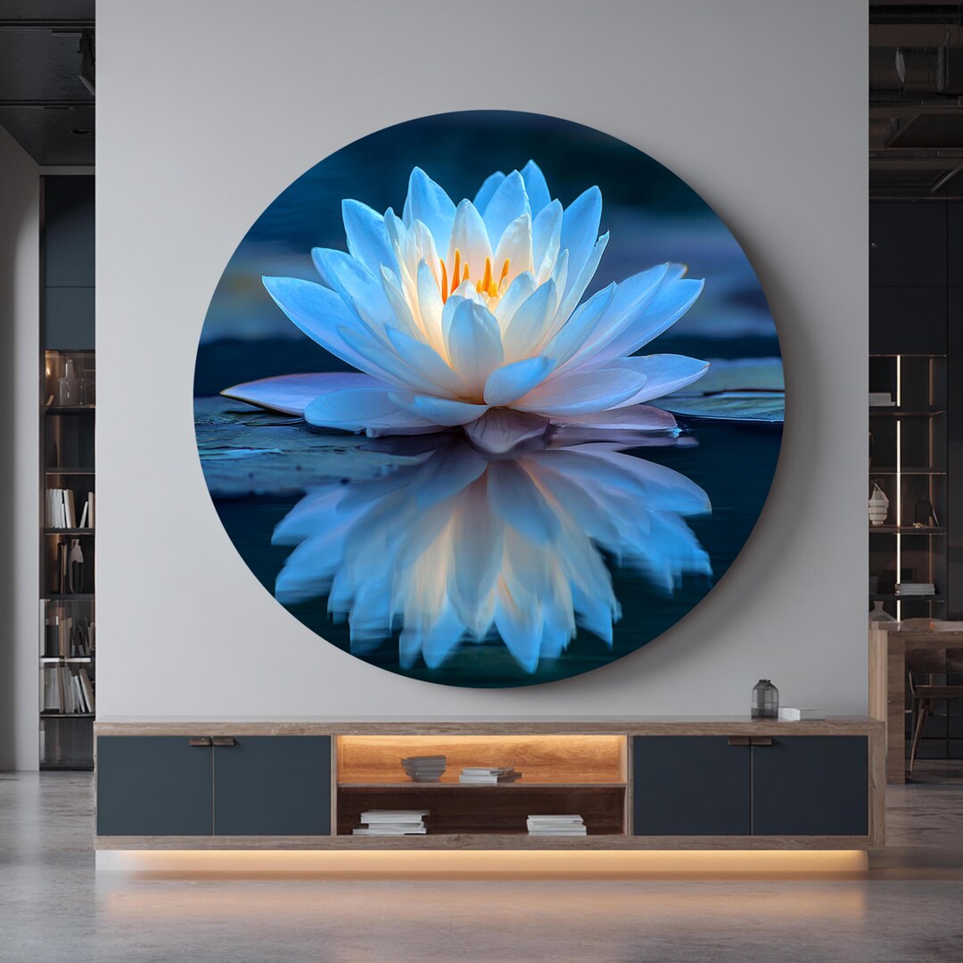 Blue White Lotus Flower Glass Wall Art-round Lotus Tempered Glass Decor ...