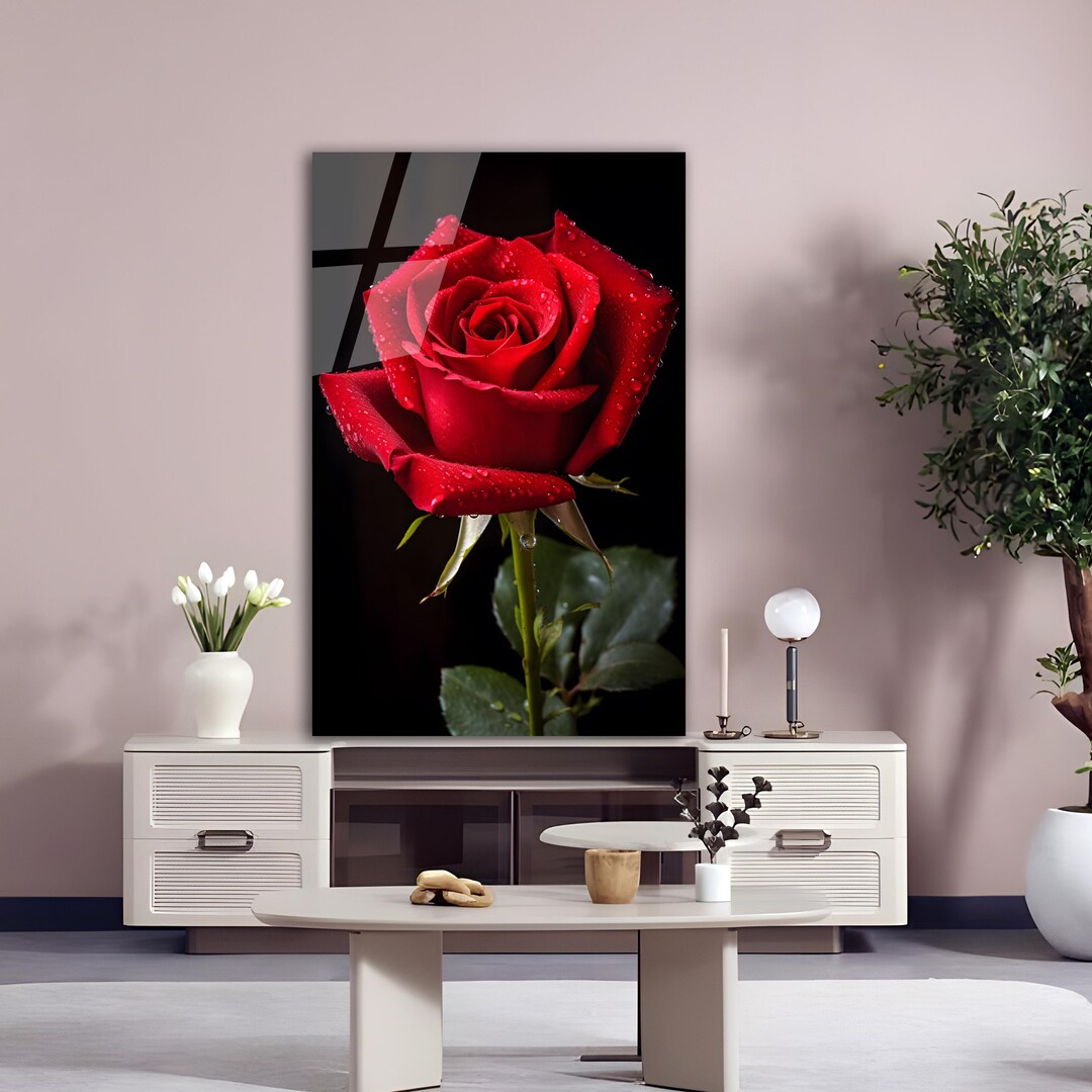 Red Rose Glass Wall Art - Elegant Rose Glass Wall Decor - Romantic ...