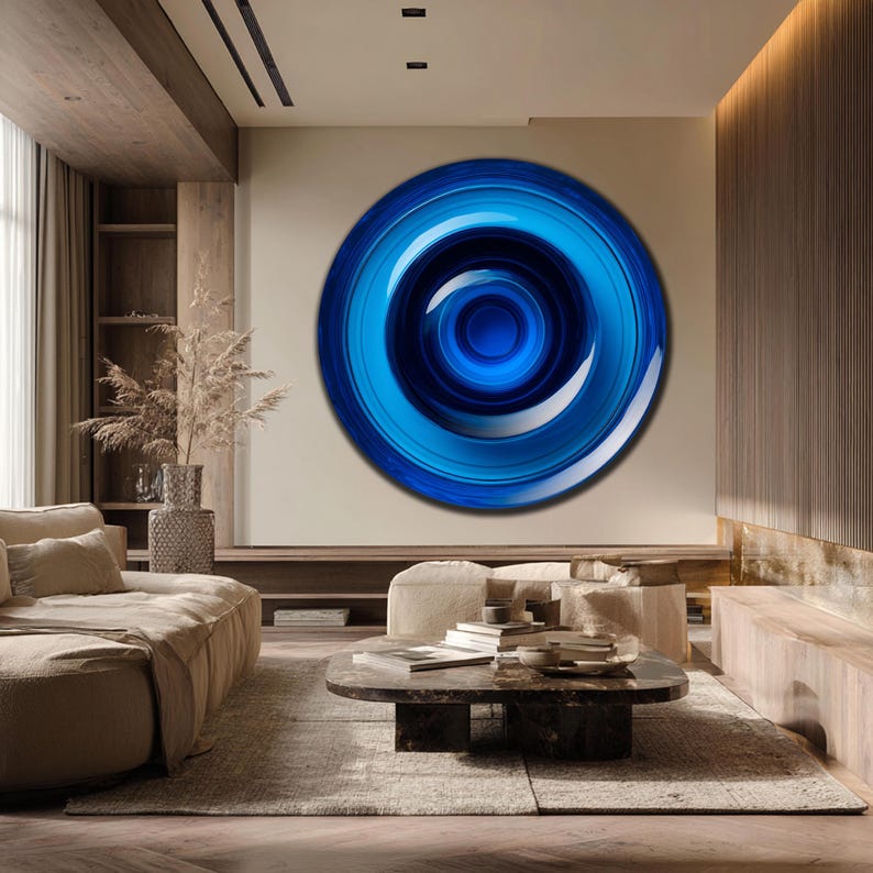 Blue Tempered Glass Art-blue Round Glass Wall Art-circle Glass Wall ...