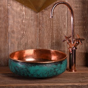 Green Patina Copper Sink – Hand-Patinated Rustic Bathroom Basin