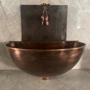 Aged Copper Wall-Mounted Sink with Integrated Faucet – Handcrafted Rustic Basin – Space-Saving Bathroom or Powder Room Vanity