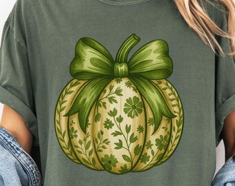 Pumpkin With Bow Tee, Fall Pumpkin Shirt, Green Bow Shirt, Coquette Bow Shirt, Cute Fall Shirt, Fall Season Shirt, Comfort Colors®
