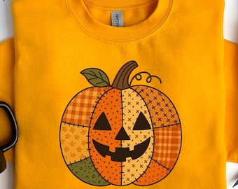 Patchwork Pumpkin Halloween Sweatshirt, Cute Fall Spooky Pumpkin Hoodie, Vintage Halloween Patchwork Pumpkin Design Sweatshirt