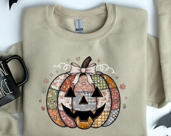Patchwork Pumpkin Halloween Sweatshirt, Cute Fall Spooky Pumpkin Hoodie, Vintage Halloween Patchwork Pumpkin Design