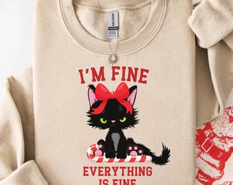 I’m Fine Everything Is Fine Black Cat Christmas Sweatshirt, Funny Holiday Cat Lover Gift, Cute Candy Cane Cat Pullover, Cozy Xmas Sweatshirt