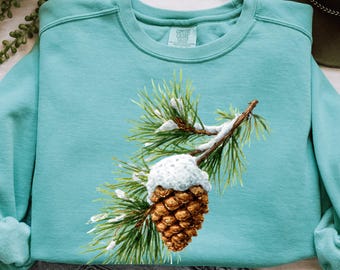 Pine Cone Winter Sweatshirt, Snowy Pine Branch Sweater, Cozy Nature Sweatshirt, Winter Aesthetic Crewneck, Christmas Pinecone Shirt