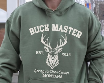 Custom Hunting Sweatshirt, Personalized Deer Camp Hoodie, The Hunter Buck Crew Shirt, Hunting Trip Shirt, Adventure Gift for Men