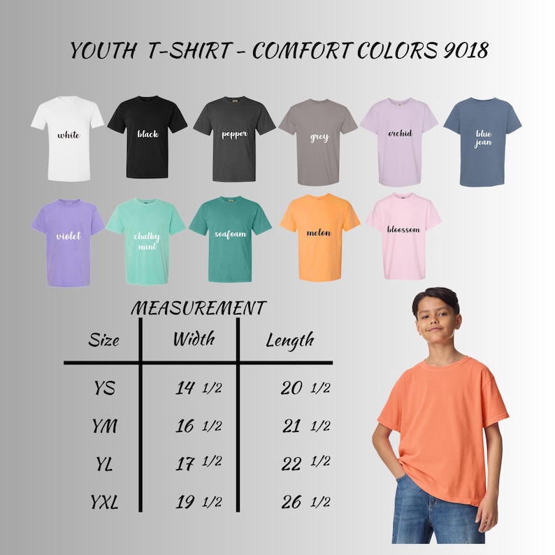 May include: A display of youth t-shirts in various colors, including white, black, and blue jean. The image includes a measurement chart with sizes and dimensions in inches, and a young person wearing a melon-colored t-shirt.