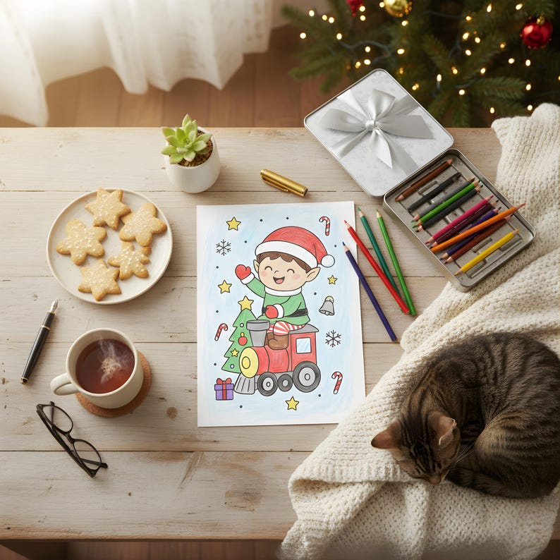 Fully colored Christmas elf-on-train coloring page on a festive wooden table with cookies, tea, colored pencils, and a cat resting nearby.