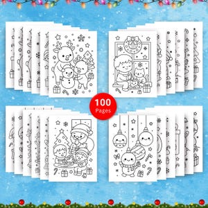 Overview of 100 printable Christmas coloring pages for children featuring holiday scenes with Santa, reindeer, snowmen, and festive decorations, perfect for creative winter fun.