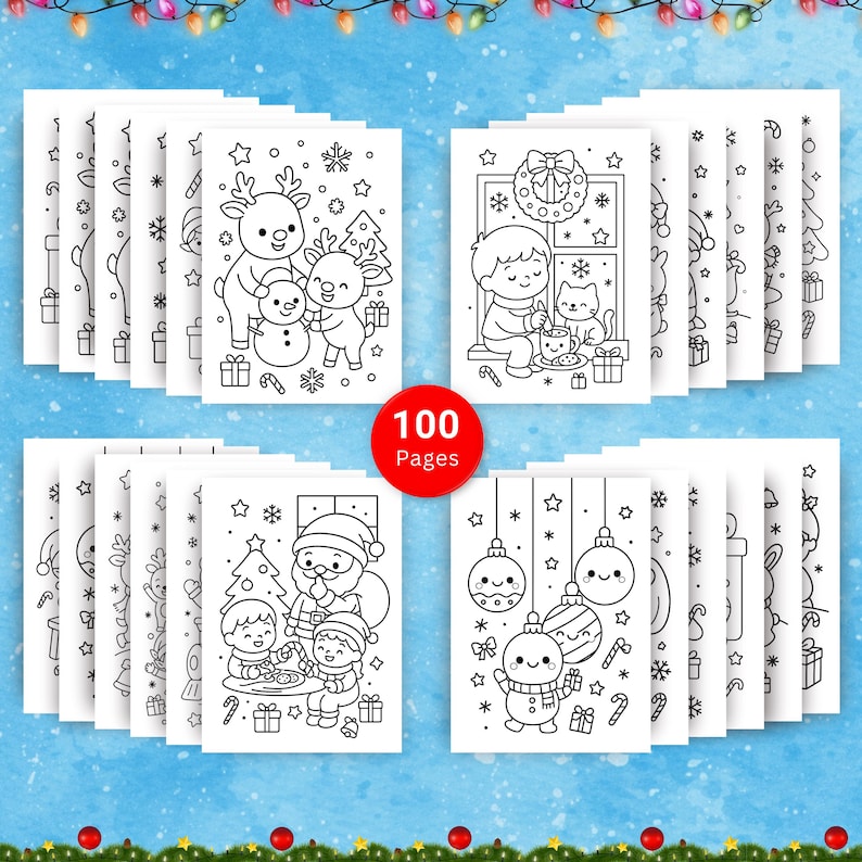 Overview of 100 printable Christmas coloring pages for children featuring holiday scenes with Santa, reindeer, snowmen, and festive decorations, perfect for creative winter fun.