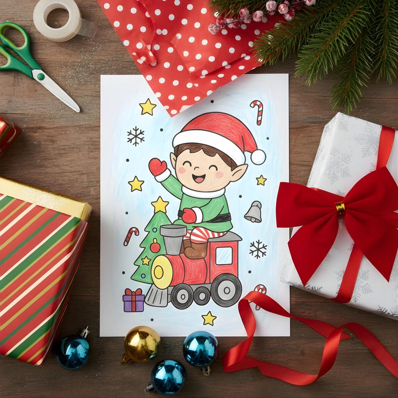 Completed Christmas elf coloring page surrounded by wrapping paper, scissors, ribbon, and gift boxes with holiday ornaments.