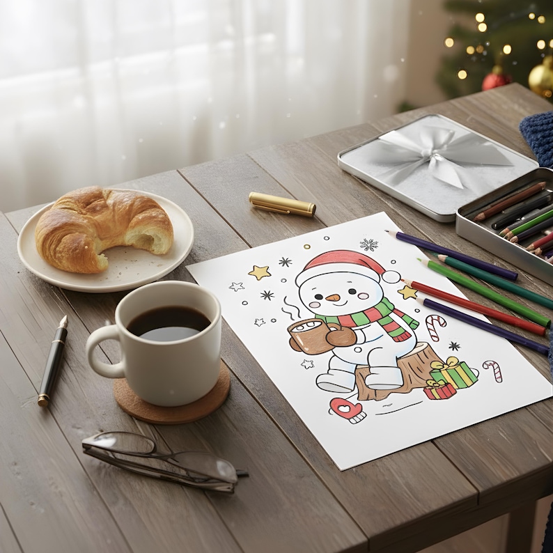Partially colored snowman Christmas coloring page beside coffee, croissant, glasses, and colored pencils on a cozy wooden table.