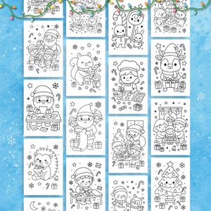 Collage of multiple Christmas coloring sheets showing kawaii Santas, elves, animals, and Christmas trees, ideal for classroom activities and holiday crafts.