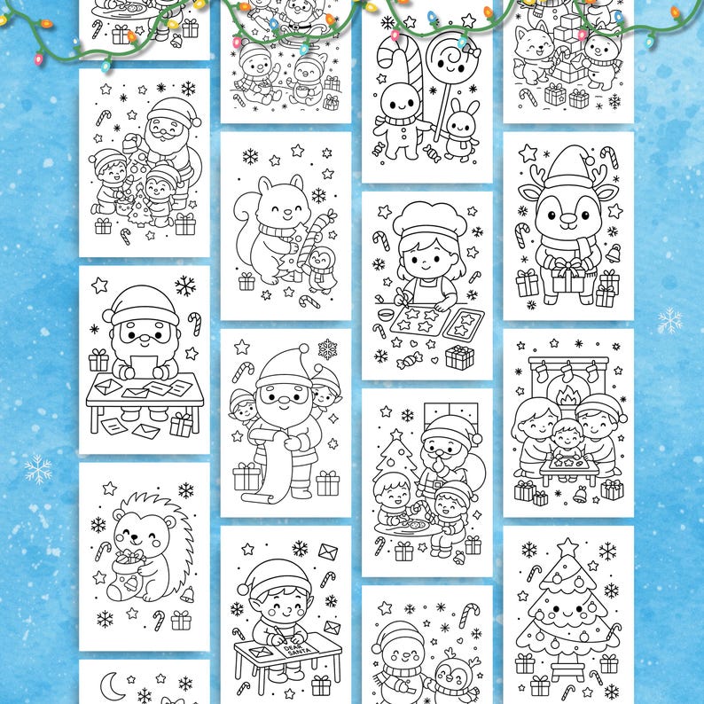 Collage of multiple Christmas coloring sheets showing kawaii Santas, elves, animals, and Christmas trees, ideal for classroom activities and holiday crafts.