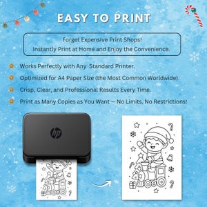 Easy-to-print Christmas coloring pages for kids shown being printed on an HP printer, with an elf-on-train design and text highlighting A4 compatibility and unlimited prints.