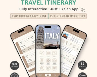 Canva Editable Digital Travel Itinerary Template, Italy Trip Itinerary, Mobile Italy Travel Guide, Vacation Itinerary, Digital Itinerary