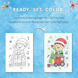 Christmas coloring page showing an elf riding a train, displayed in both black-and-white and fully colored versions, demonstrating printable and easy-to-color holiday designs for kids.