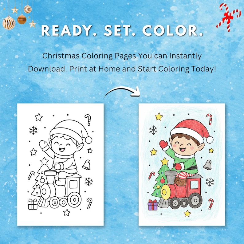 Christmas coloring page showing an elf riding a train, displayed in both black-and-white and fully colored versions, demonstrating printable and easy-to-color holiday designs for kids.