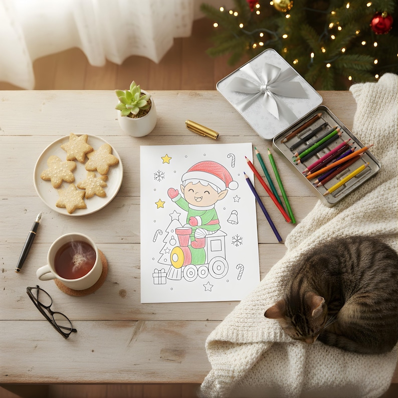 Partially colored Christmas elf-on-train printable coloring page on a cozy holiday table with cookies, tea, and colored pencils.