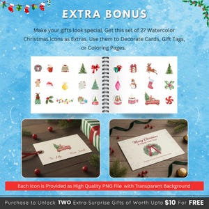Extra bonus watercolor Christmas clipart set including 27 festive icons such as trees, bows, ornaments, and presents, provided as PNG files for crafts.