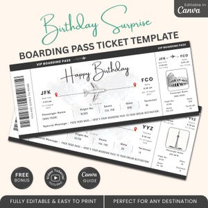 Pode incluir: Um modelo de bilhete de embarque surpresa de aniversário com as palavras "Birthday Surprise" em uma fonte de escrita. O design inclui um gráfico de avião e as palavras "Happy Birthday". O modelo é totalmente editável e fácil de imprimir.