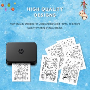 Collection of printable Christmas coloring page designs with Santa, reindeer, and snowmen, emphasizing high-quality print-ready artwork suitable for home printers.