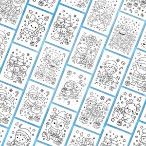 Collection of multiple Christmas coloring sheets showing kawaii Santas, elves, animals, and Christmas trees, ideal for classroom activities and holiday crafts.