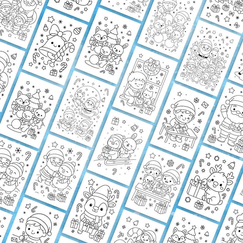 Collection of multiple Christmas coloring sheets showing kawaii Santas, elves, animals, and Christmas trees, ideal for classroom activities and holiday crafts.