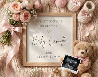 May include: A baby announcement featuring a framed sign with the text "Baby Camilla DUE SEPTEMBER 2026." The image includes a bouquet of pink roses, baby booties, a teddy bear, and a sonogram photo, all arranged on a knitted blanket.