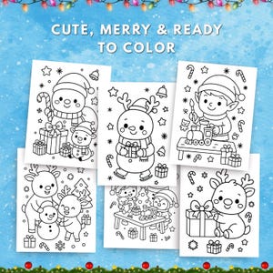 Collection of six cute Christmas coloring pages for kids showing elves, reindeer, and snowmen surrounded by gifts and candy canes, labeled ‘Cute, Merry & Ready to Color.