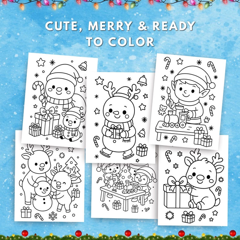 Collection of six cute Christmas coloring pages for kids showing elves, reindeer, and snowmen surrounded by gifts and candy canes, labeled ‘Cute, Merry & Ready to Color.