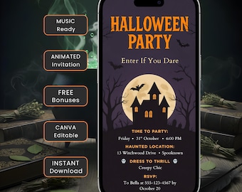 Animated Halloween Party Invitation, Video Invite, Editable Canva Invite, Mobile Invitation, Costume Party Invite, Halloween Video