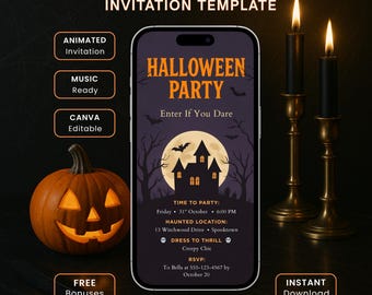 May include: A Halloween party invitation template on a smartphone screen, featuring a spooky haunted house scene under a full moon. Includes a carved pumpkin, lit candles, and text: "Halloween Party".