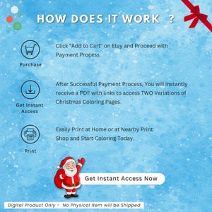 Instruction graphic showing how to purchase, download, and print the Christmas coloring pages instantly from Etsy, with Santa illustration and step-by-step icons.