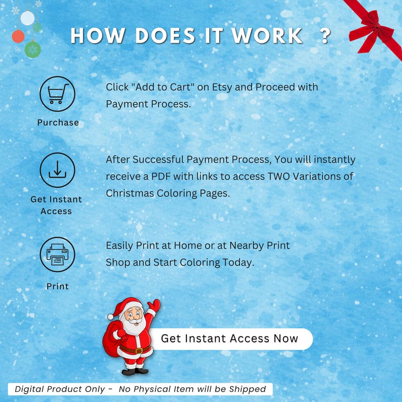 Instruction graphic showing how to purchase, download, and print the Christmas coloring pages instantly from Etsy, with Santa illustration and step-by-step icons.