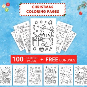 May include: A set of Christmas-themed colouring pages with festive illustrations. The pages feature images of reindeer, snowmen, gifts, and other holiday designs. The image text reads "CHRISTMAS COLOURING PAGES" and "100 COLOURING PAGES + FREE BONUSES."