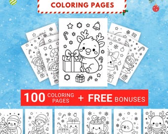 100 Christmas Coloring Pages, Printable Kids Christmas Coloring Pages Bundle, Festive Activity Book for All Ages, Bold and Easy Winter Pages