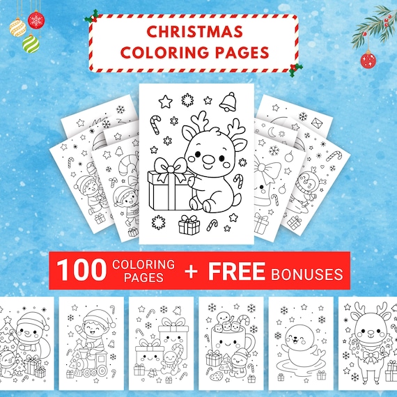 100 Christmas Coloring Pages, Printable Kids Christmas Coloring Pages Bundle, Festive Activity Book for All Ages, Bold and Easy Winter Pages