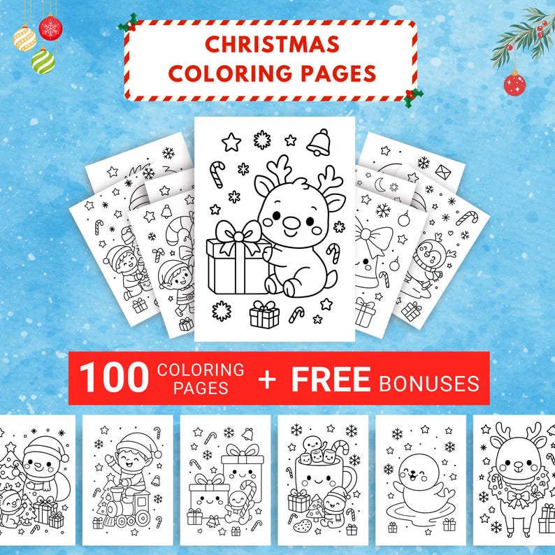 Set of 100 Christmas coloring pages featuring cute kawaii-style characters like reindeer, elves, and snowmen, perfect for kids’ holiday crafts and coloring activities, with free bonus pages included.