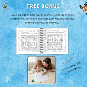 Free bonus Christmas activity pages showing printable maze puzzles with Santa and elves, and a mother and child coloring together.