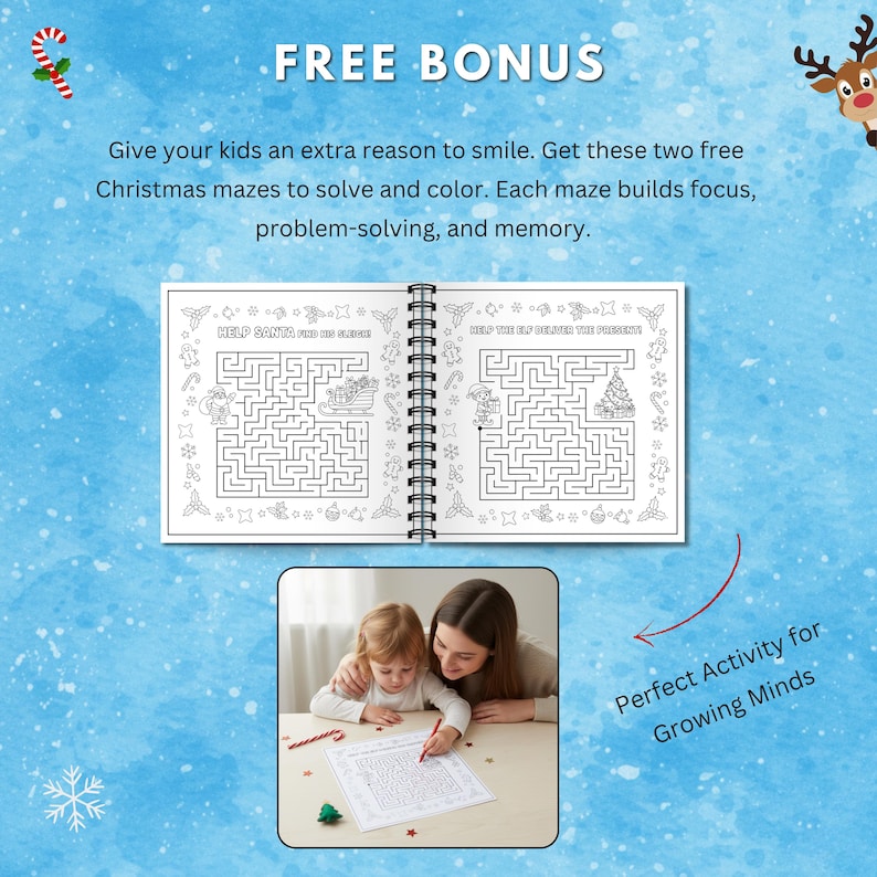 Free bonus Christmas activity pages showing printable maze puzzles with Santa and elves, and a mother and child coloring together.